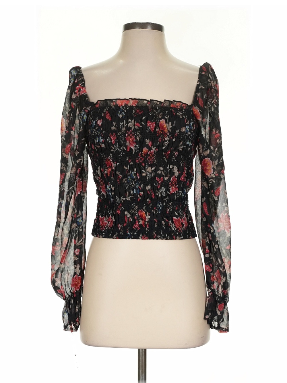 miami Black Floral Smocked Long-Sleeve Crop Top